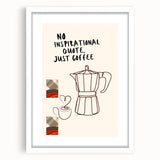 Abstract art print featuring swirling shades of blue and white, framed with a white mat, ideal for dining room decor.