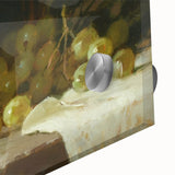 Large abstract wall art of assorted fruits in vibrant colors on acrylic glass, ideal for dining room decor.