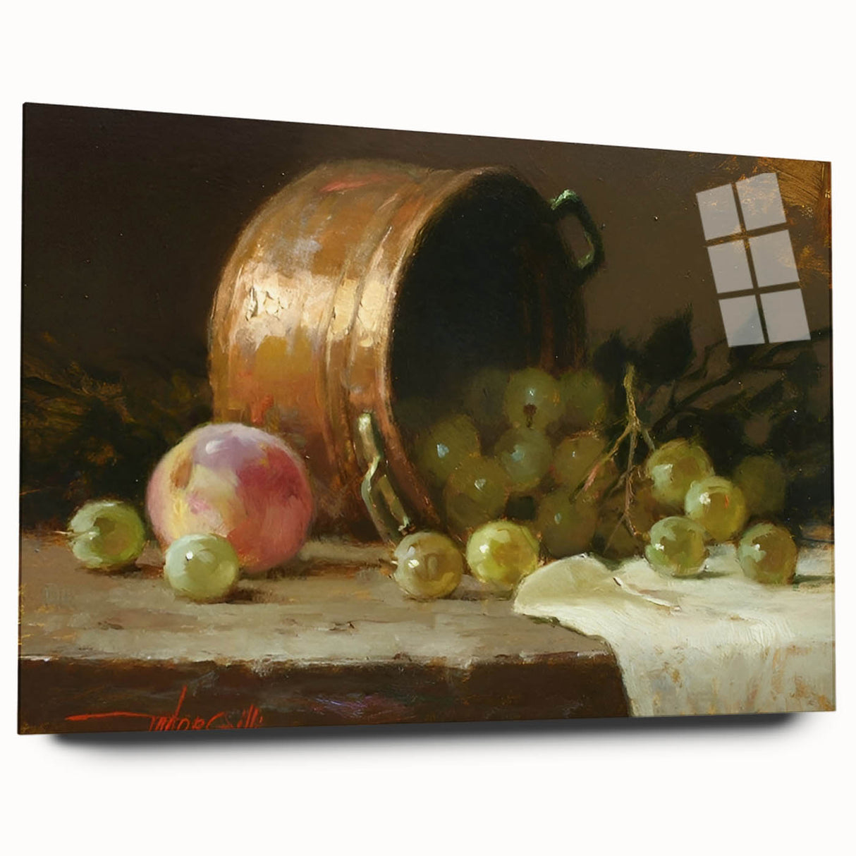 Large abstract wall art depicting assorted fruits in vibrant colors on acrylic glass, ideal for bedroom or dining room decor.
