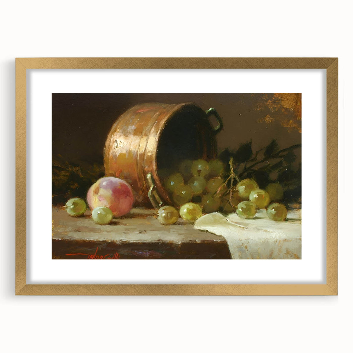 Extra large abstract art print featuring an assortment of fruits in vibrant colors, framed in gold.