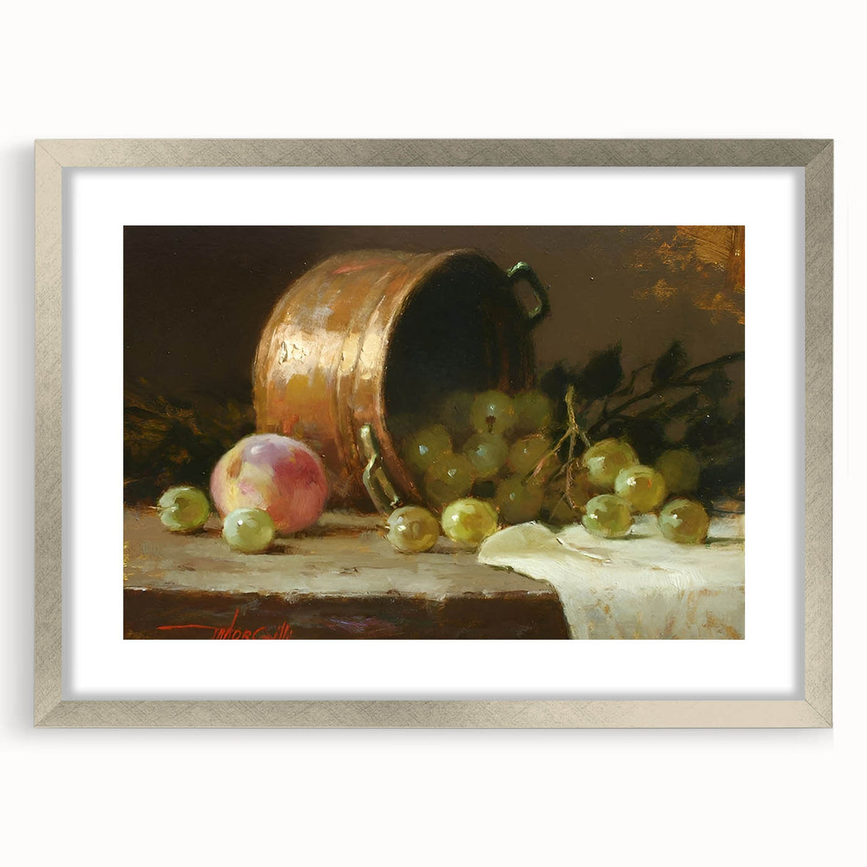 Textured abstract art print of assorted fruits in muted earth tones, framed in silver, ideal for bedroom art.