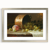 Textured abstract art print of assorted fruits in muted earth tones, framed in silver, ideal for bedroom art.