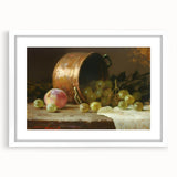Abstract art print of assorted fruits in vibrant colors, presented in a white frame with mat, suitable for dining room decor.