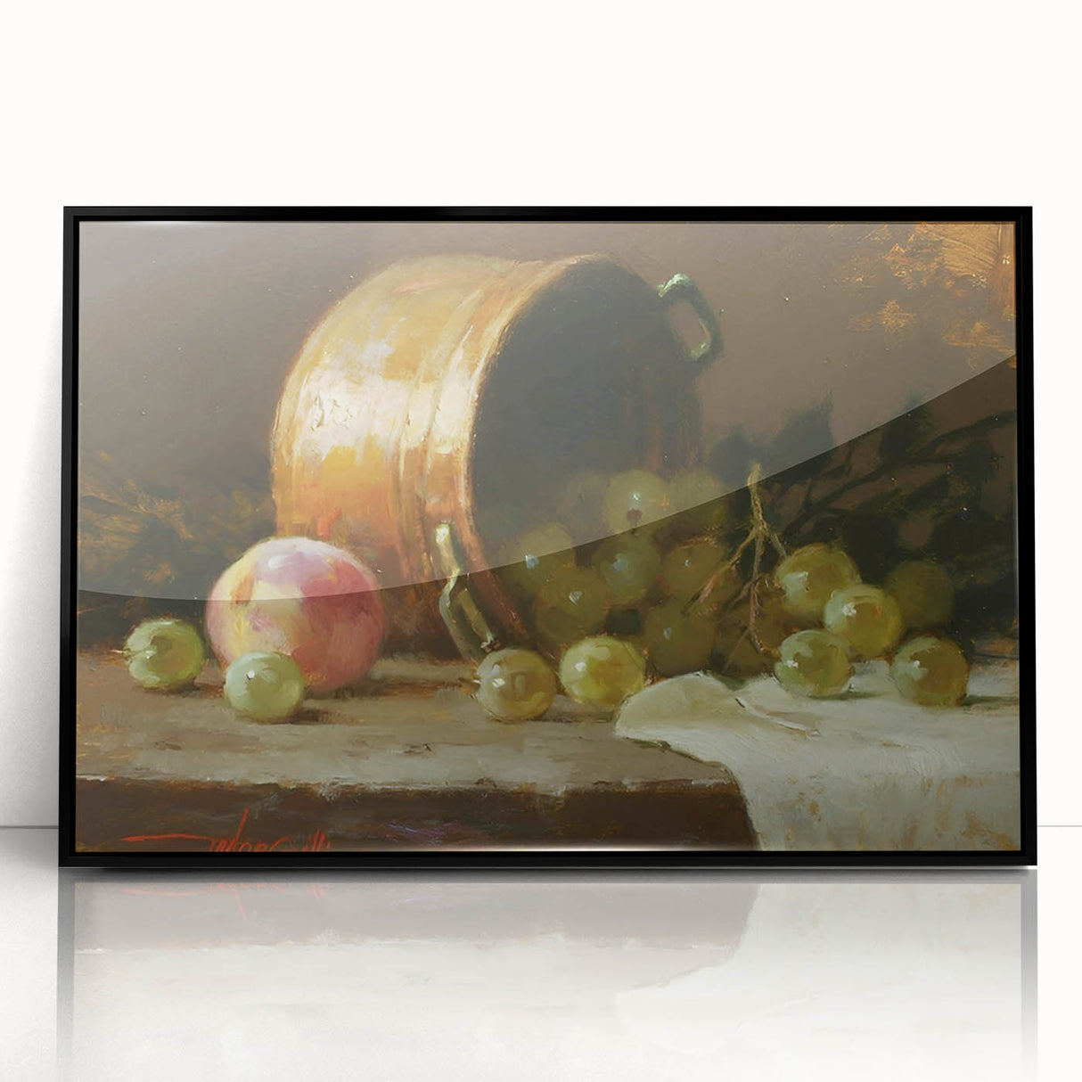 Large abstract wall art featuring assorted fruits in bold colors, framed in black acrylic, suitable for modern kitchen decor.