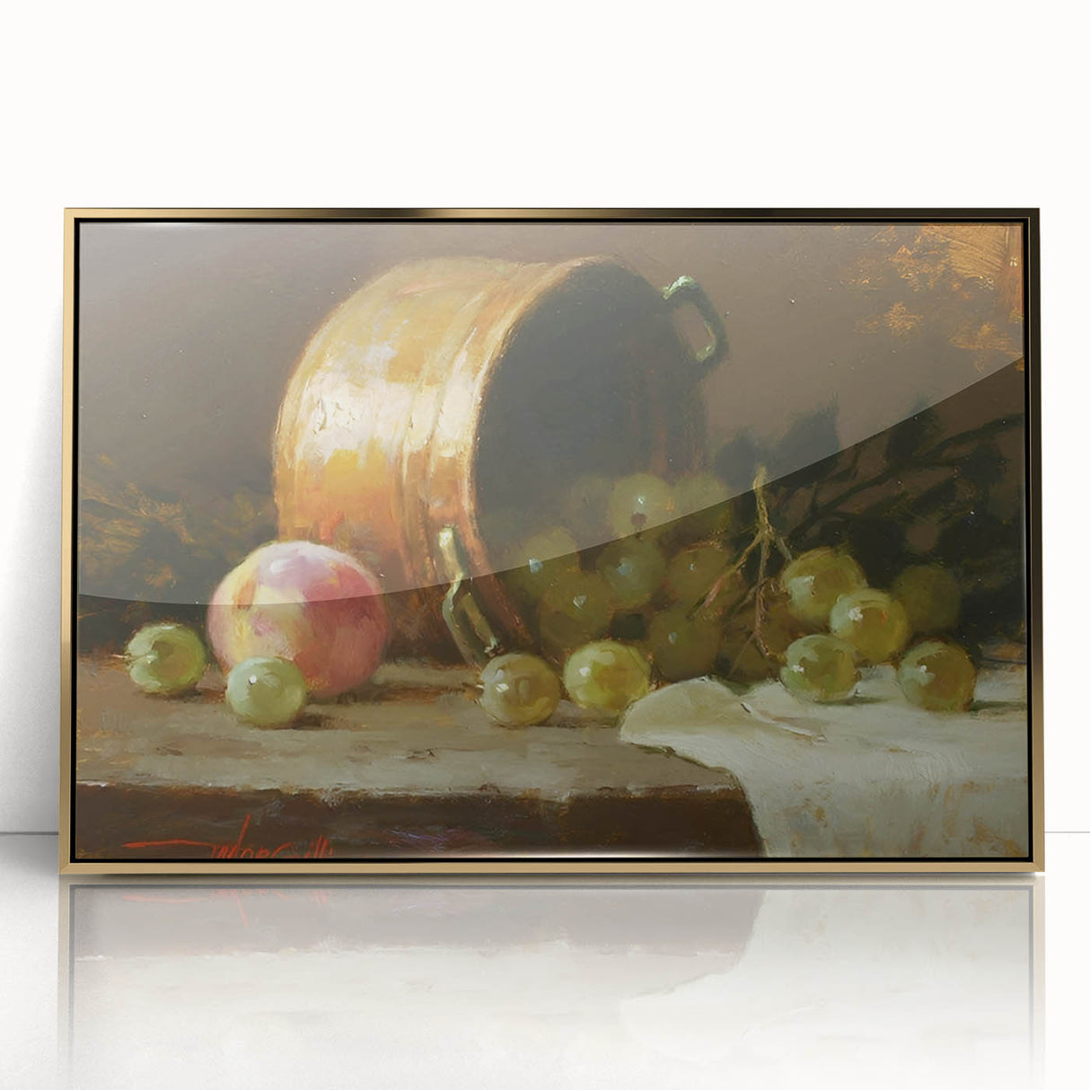 Large art print of colorful fruits in a mid-century modernist style, framed in acrylic with a gold finish.
