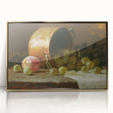 Large art print of colorful fruits in a mid-century modernist style, framed in acrylic with a gold finish.
