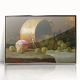 Mid-century modernist art featuring an array of colorful fruits on a silver framed acrylic, ideal for nursery wall art.