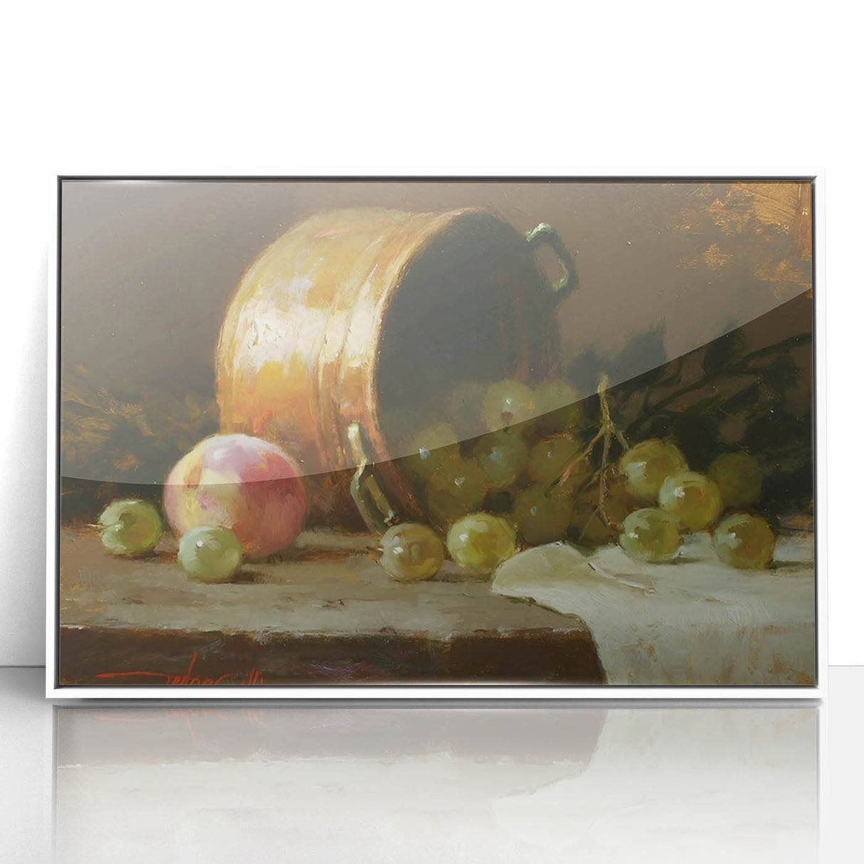 Art Deco poster featuring assorted fruits in bold colors on white acrylic, framed, ideal for modern kitchen decor.