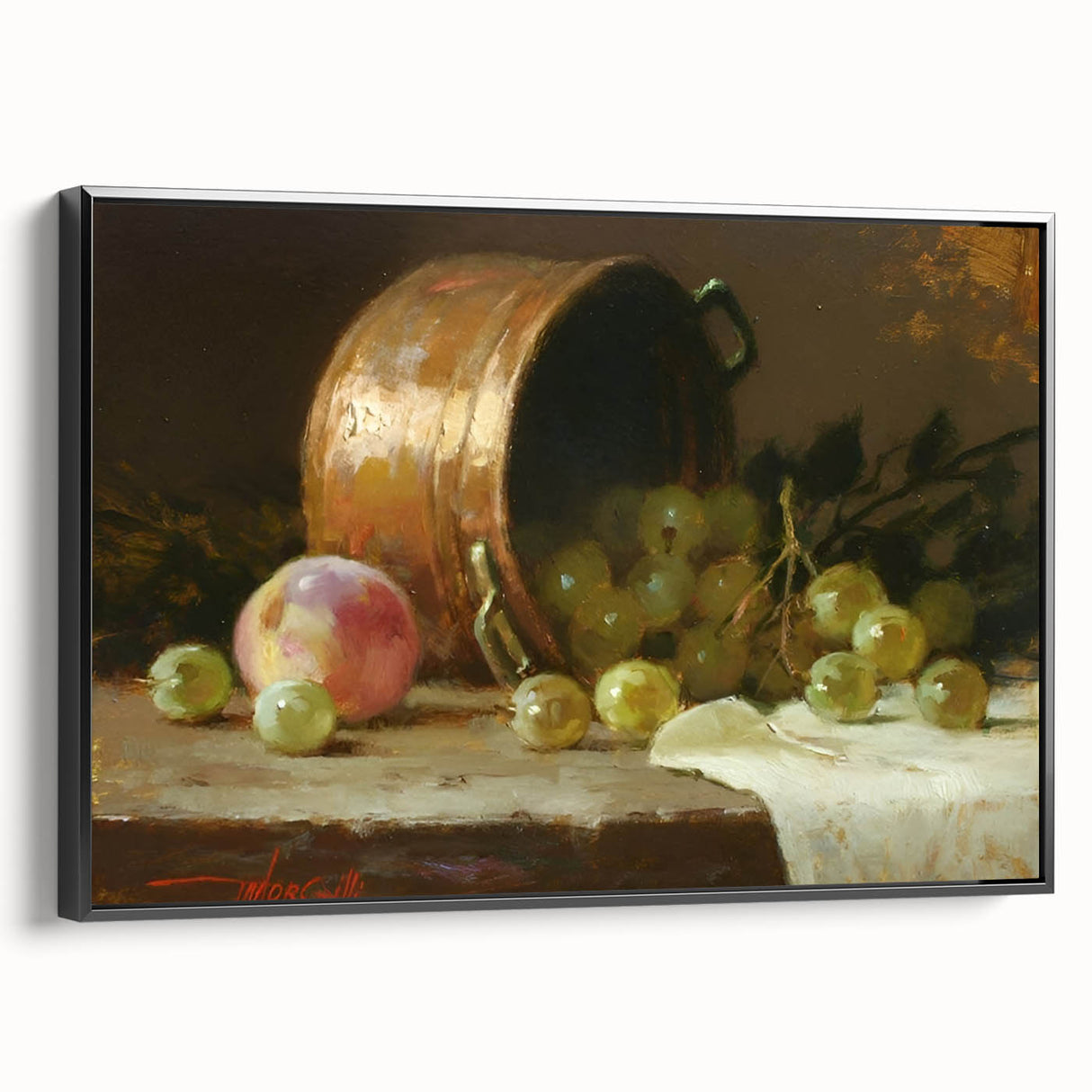 Black and white framed canvas featuring vintage poster art of assorted fruits, ideal for bedroom wall decor.