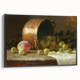 Black and white framed canvas featuring vintage poster art of assorted fruits, ideal for bedroom wall decor.