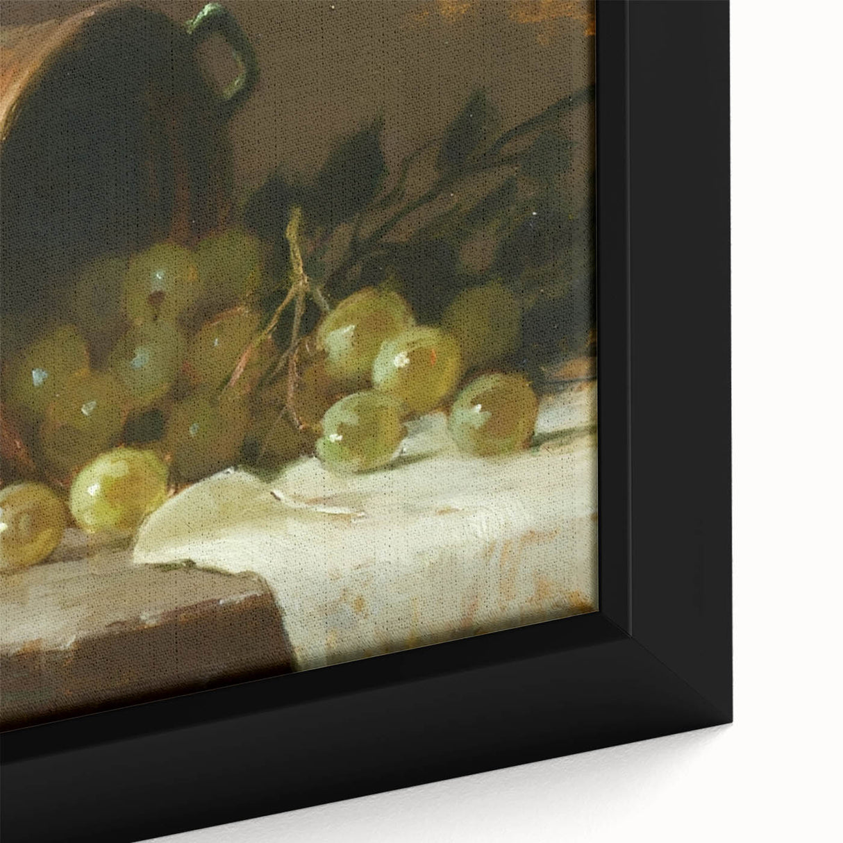 Close-up of extra large black wall art featuring colorful, textured fruits on framed canvas, ideal for living room decor.