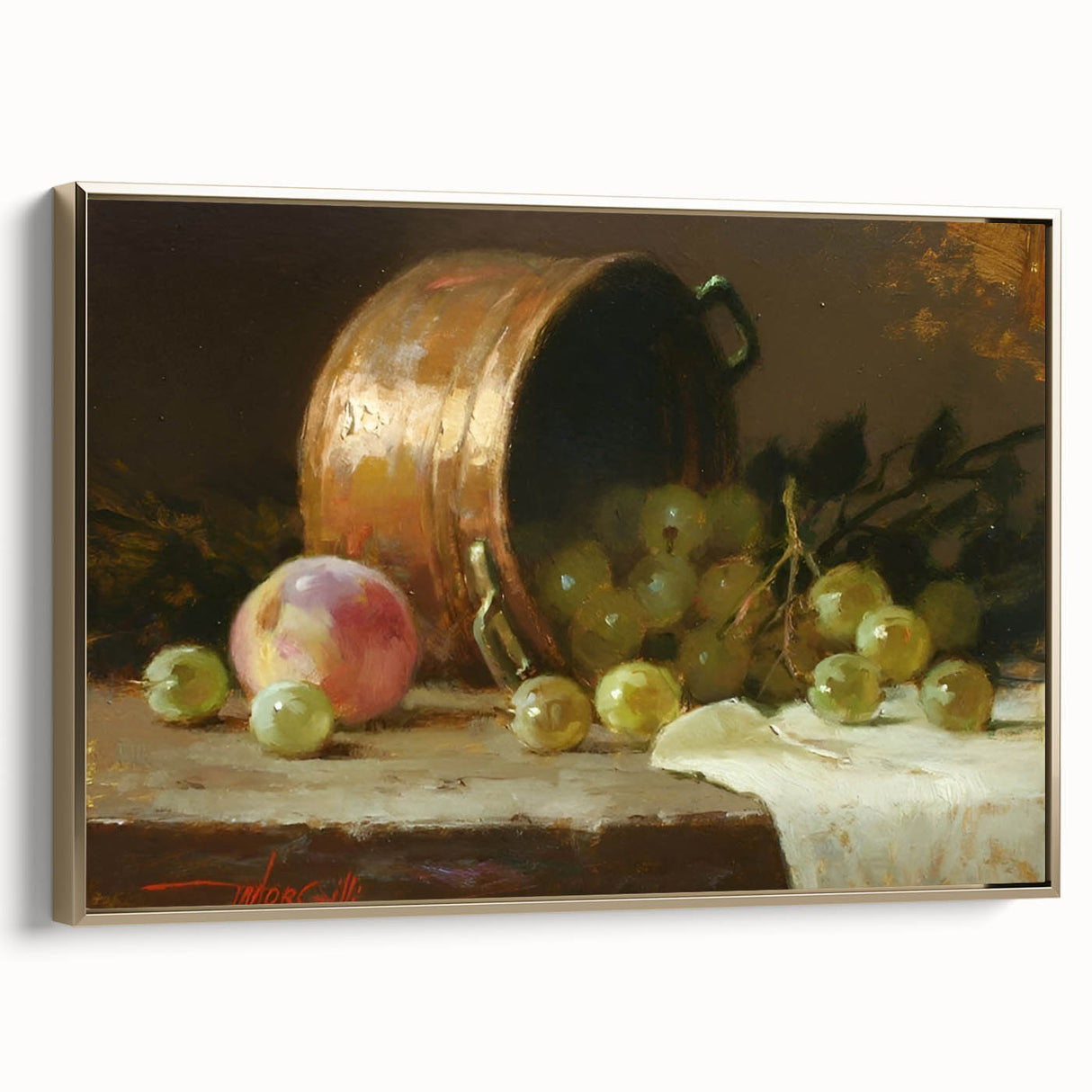 Framed canvas wall art featuring a vintage poster of assorted fruits in gold and black tones, suitable for bedroom decor.