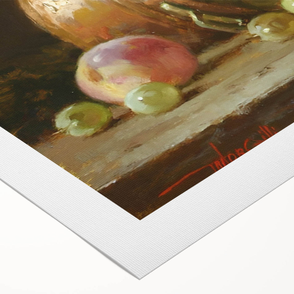 Art deco poster featuring assorted fruits in bold colors on rolled canvas, ideal for dining room wall art.
