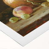 Art deco poster featuring assorted fruits in bold colors on rolled canvas, ideal for dining room wall art.