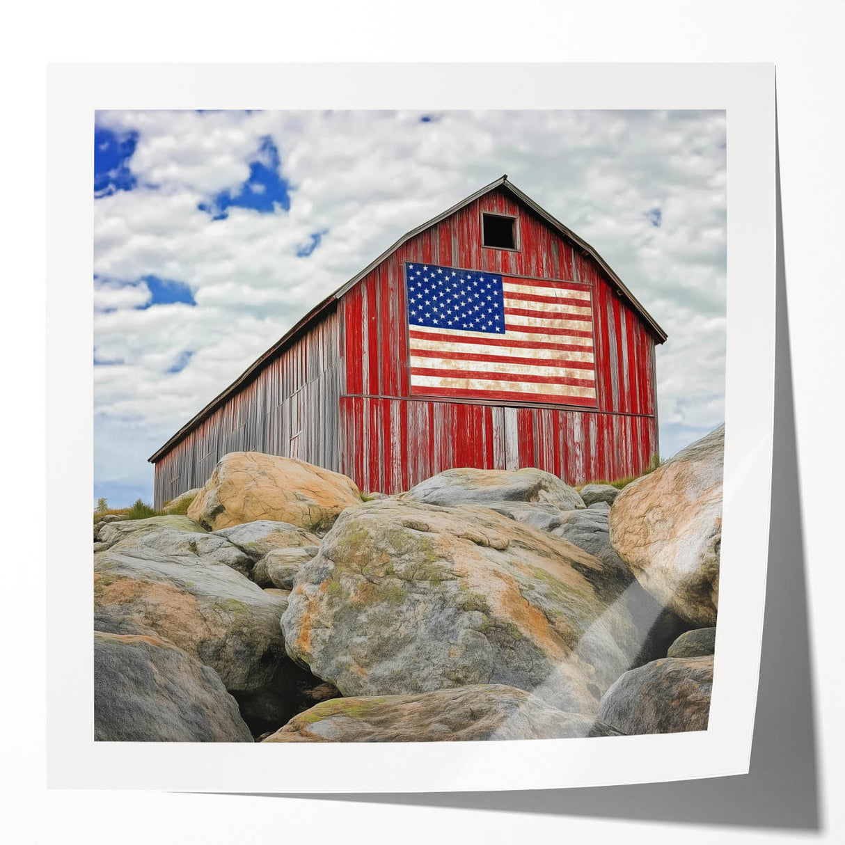 Glossy photo print mockup showcasing a landscape barn scene with vibrant colors and intricate details, ideal for art display or product presentation.