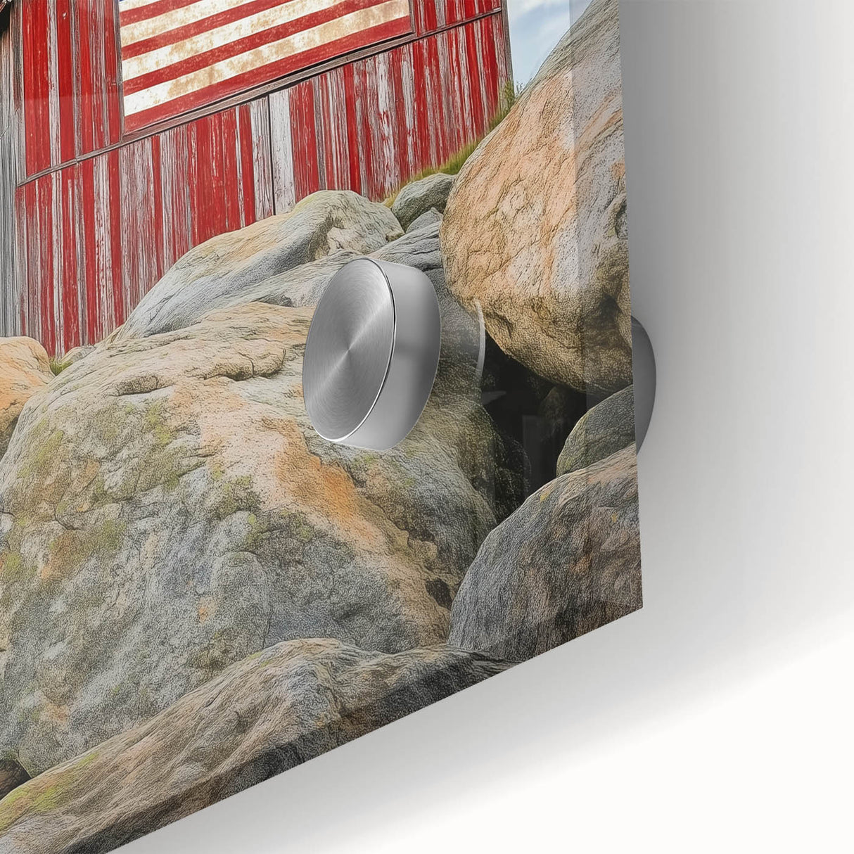 Close-up of a vibrant landscape acrylic glass artwork depicting a rustic barn scene, showcasing rich colors and detailed textures, perfect for home decor.
