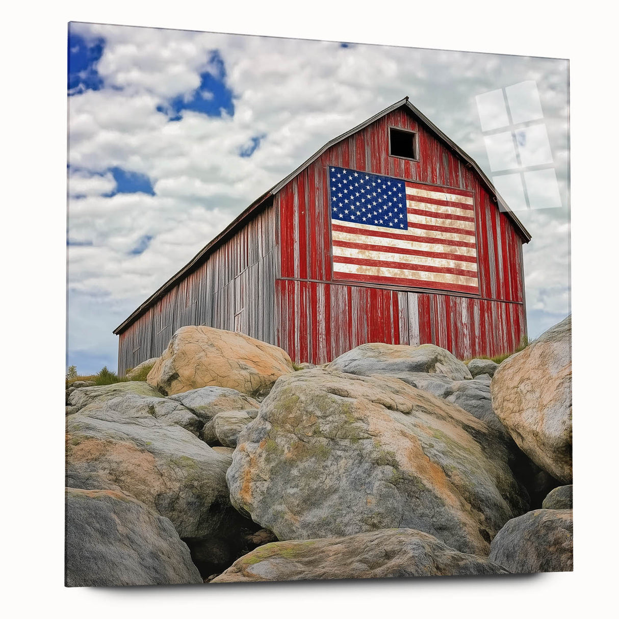 Landscape acrylic glass artwork showcasing a barn scene, viewed from the side, emphasizing vibrant colors and intricate details, perfect for home decor.
