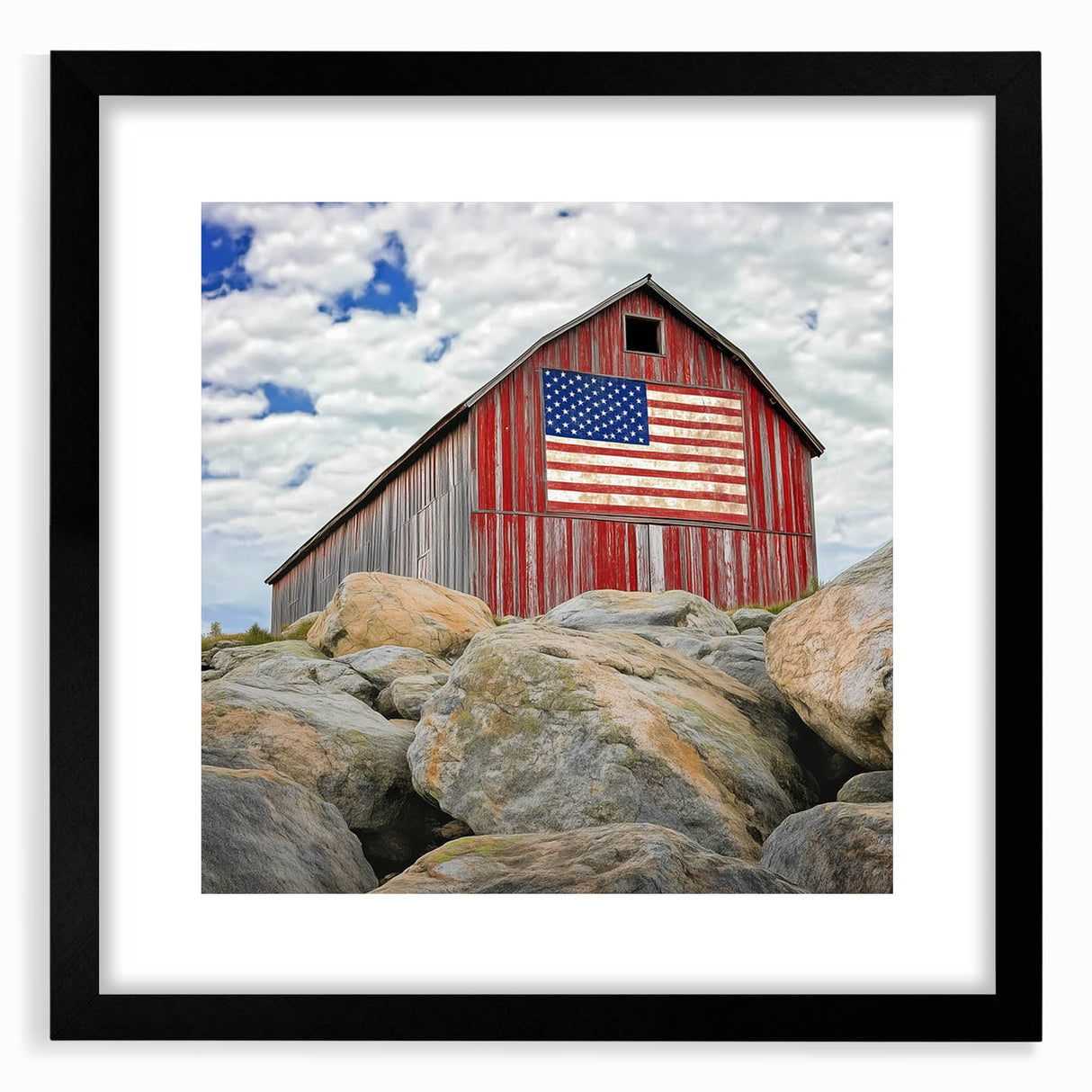 Black-framed barn-style landscape artwork featuring a serene rural scene, ideal for home decor and enhancing interior aesthetics, showcasing rich colors and fine detail.