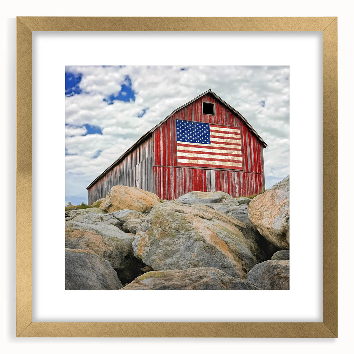 Elegant barn frame showcasing a landscape artwork with a gold mat, perfect for enhancing home decor. The frame's intricate design complements the vibrant scene, creating a sophisticated aesthetic.