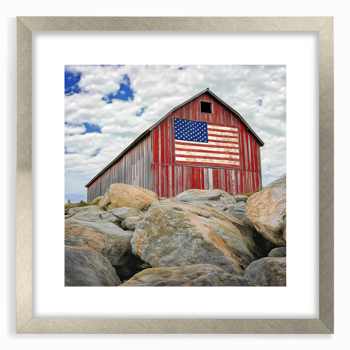Landscape barn frame with a silver mat, showcasing a rustic design ideal for home decor. The front view highlights its elegant finish and sturdy build.
