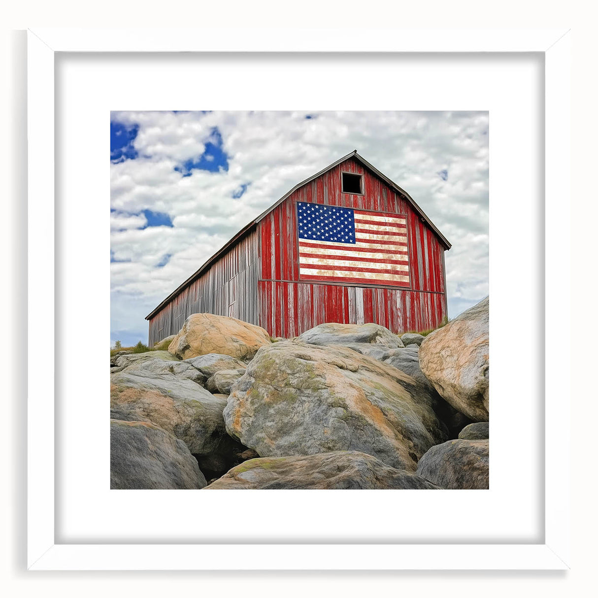 Landscape barn frame with a white mat, showcasing a scenic view, perfect for home decor. Ideal for rustic-themed interiors and art lovers seeking farmhouse aesthetics.
