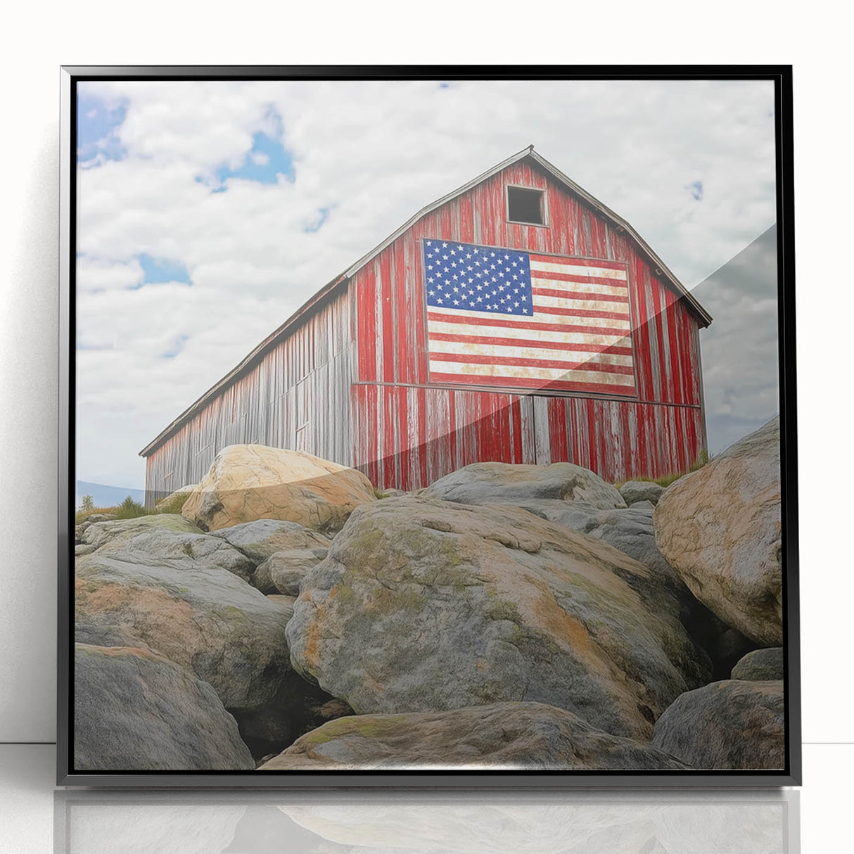 Framed acrylic artwork showcasing a scenic barn landscape with vibrant colors and intricate details, perfect for rustic home decor or art enthusiasts.
