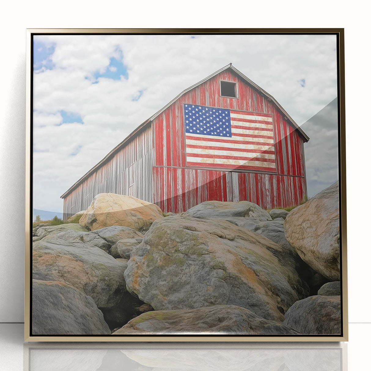 Framed acrylic artwork showcasing a scenic landscape with a barn, highlighted by a gold frame, perfect for enhancing home decor and adding rustic charm.
