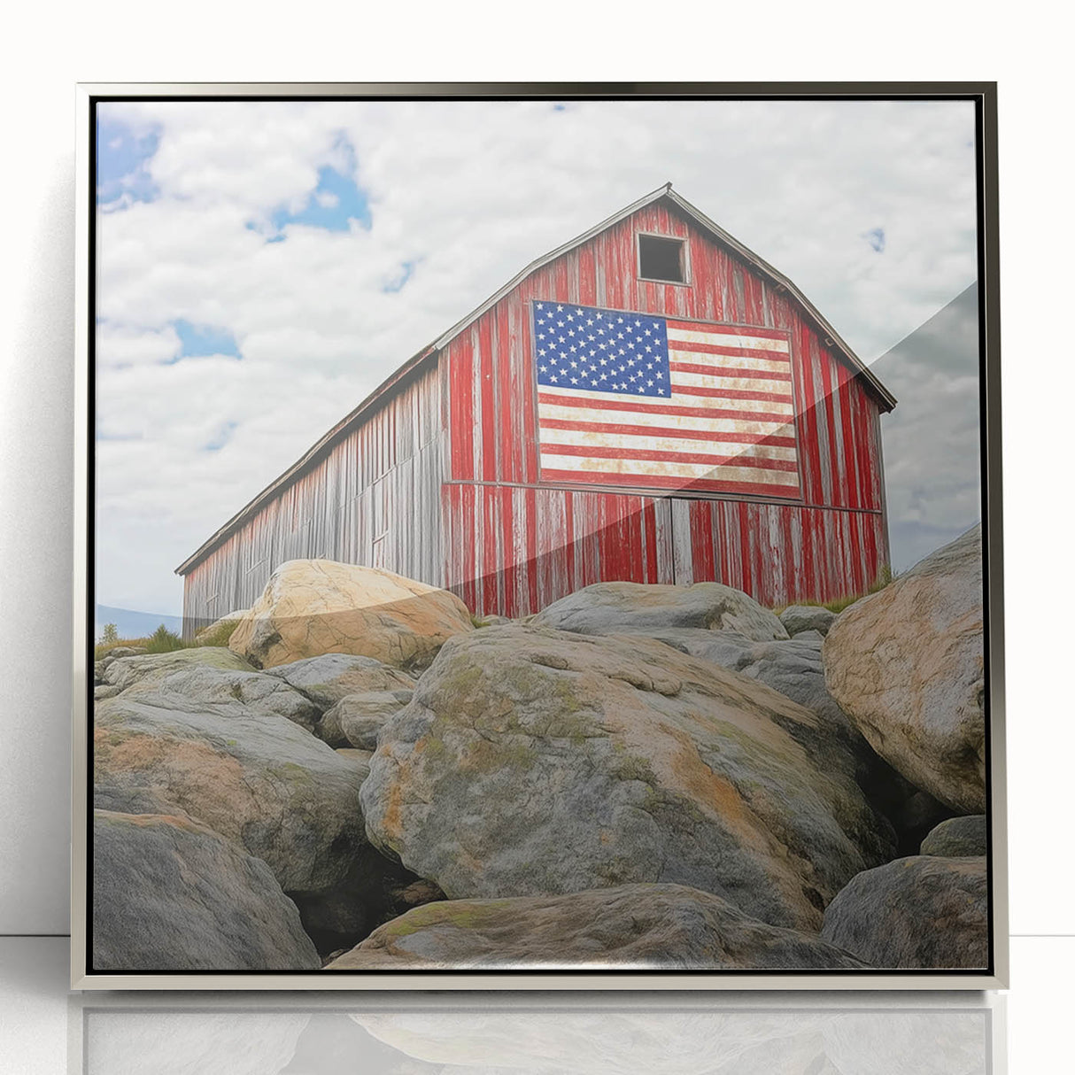 Acrylic silver-framed landscape artwork showcasing a serene barn scene with lush greenery and a clear blue sky, perfect for home decor enthusiasts.