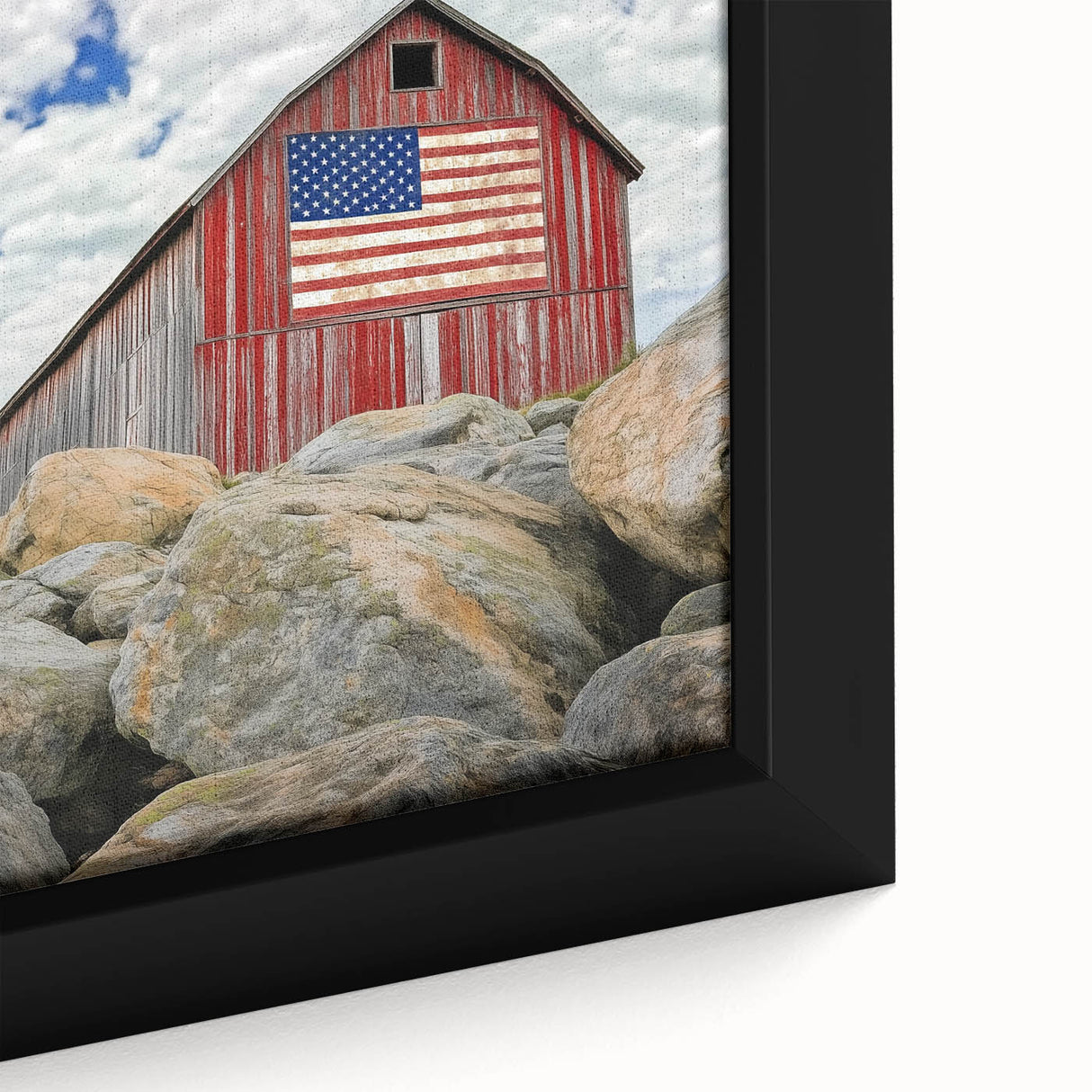 Close-up of a textured landscape barn art canvas print showcasing vibrant colors and intricate details, ideal for home decor or rustic-themed interiors. Perfect for enhancing living spaces with a touch of nature-inspired elegance.