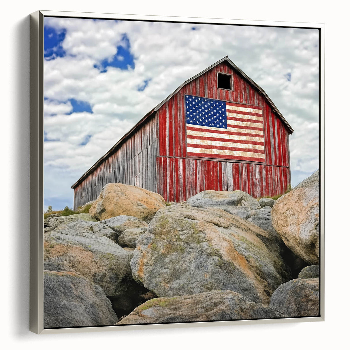 Framed landscape canvas art depicting a serene barn scene with silver accents, showcasing rustic charm and vibrant colors, ideal for home decor.