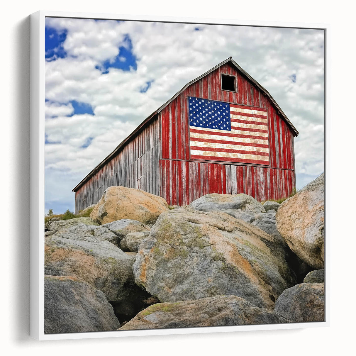 Landscape barn framed canvas showcasing a rustic white barn scene with vibrant green fields and a clear blue sky, perfect for farmhouse decor.