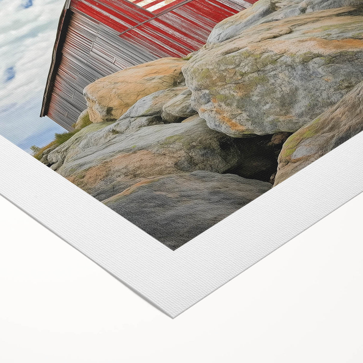 Rolled canvas print showcasing a vibrant landscape scene of a rustic barn surrounded by lush greenery, designed for home decor enthusiasts. The artwork features rich colors and intricate details, ideal for enhancing any living space. Packaged securely in a durable tube for safe shipping.