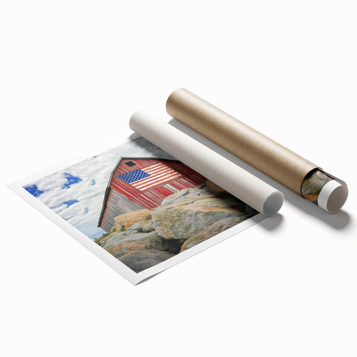 Rustic barn landscape art print rolled up in a protective tube, showcasing earthy tones and detailed textures, perfect for home decor enthusiasts and nature lovers.