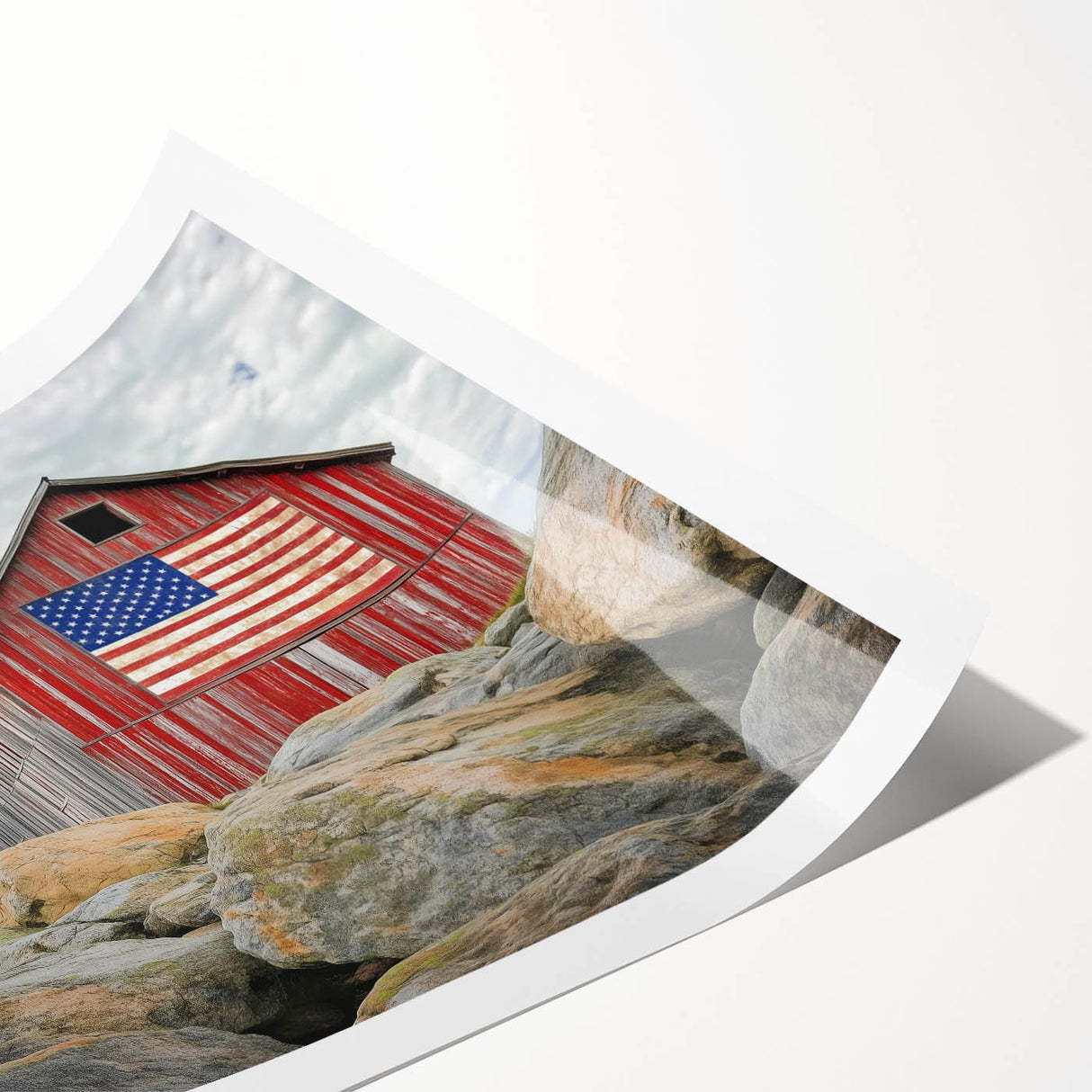 Rolled landscape canvas print showcasing a stunning barn scene, featuring vibrant colors and intricate details, securely packaged in a protective cardboard tube for safe delivery.