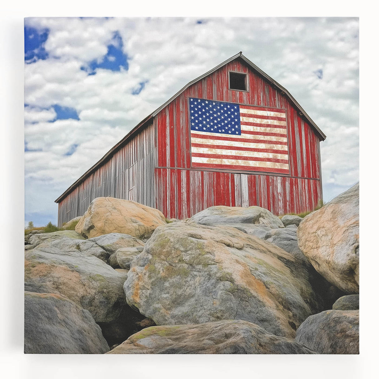 Landscape canvas print showcasing a rustic barn surrounded by lush green fields under a bright blue sky, ideal for farmhouse decor enthusiasts and rural-inspired interiors. This piece captures serene countryside charm with vibrant colors.