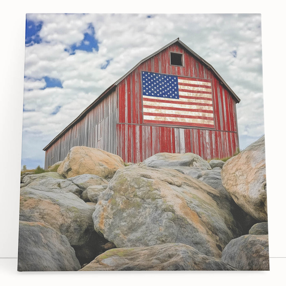 Stretched canvas artwork depicting a serene landscape with a rustic barn, set against a vibrant sunset background. Ideal for enhancing home decor with a countryside theme.