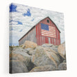 Stretched canvas artwork depicting a serene landscape view of a rustic barn surrounded by lush greenery, showcasing vibrant colors and detailed textures, ideal for home decor.