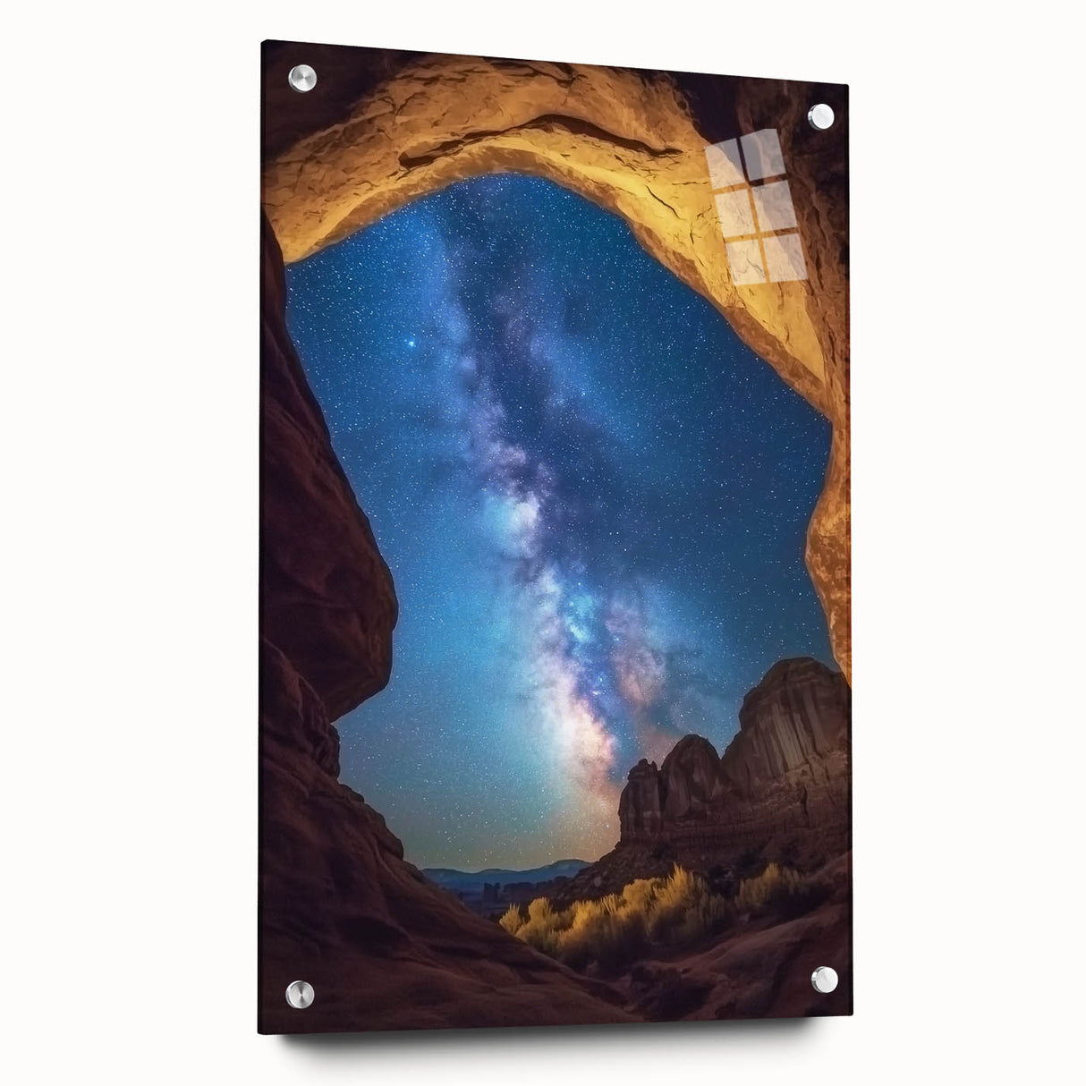 Acrylic glass artwork showcasing a vibrant landscape of canyons, displayed at a side angle with decorative pins for mounting, ideal for modern home decor.
