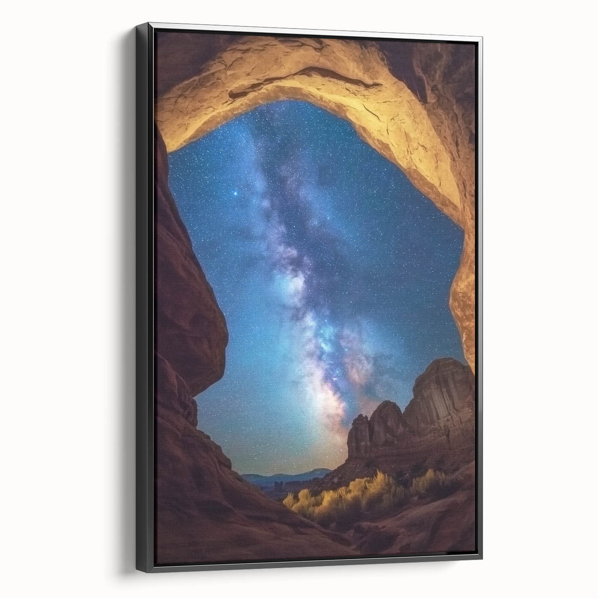 Framed canvas artwork showcasing a stunning landscape of canyons, featuring rich earth tones and intricate details, displayed in a sleek black frame for a modern touch.