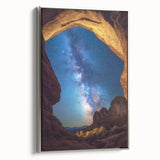 Framed landscape canvas art depicting majestic canyons in rich earth tones, featuring a sleek silver frame, ideal for enhancing modern home decor.