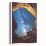 Framed canvas artwork depicting a vibrant landscape of canyons in warm earth tones. The piece features a sleek white frame, enhancing the natural beauty of the scene, ideal for home decor.