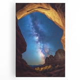 Stretched canvas artwork depicting a vibrant landscape of canyons at sunset, showcasing rich orange and purple hues, perfect for home decor or art enthusiasts.