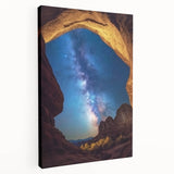 Stretched canvas artwork depicting a breathtaking landscape of canyons at sunset, showcasing rich orange and purple hues, ideal for home decor or office ambiance.