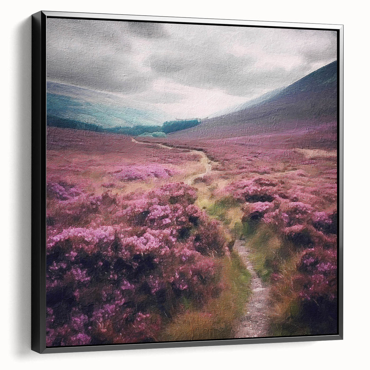 Framed canvas wall art depicting a serene countryside landscape, featuring lush green fields and a soft blue sky, showcased in a stylish black frame. Perfect for home decor.