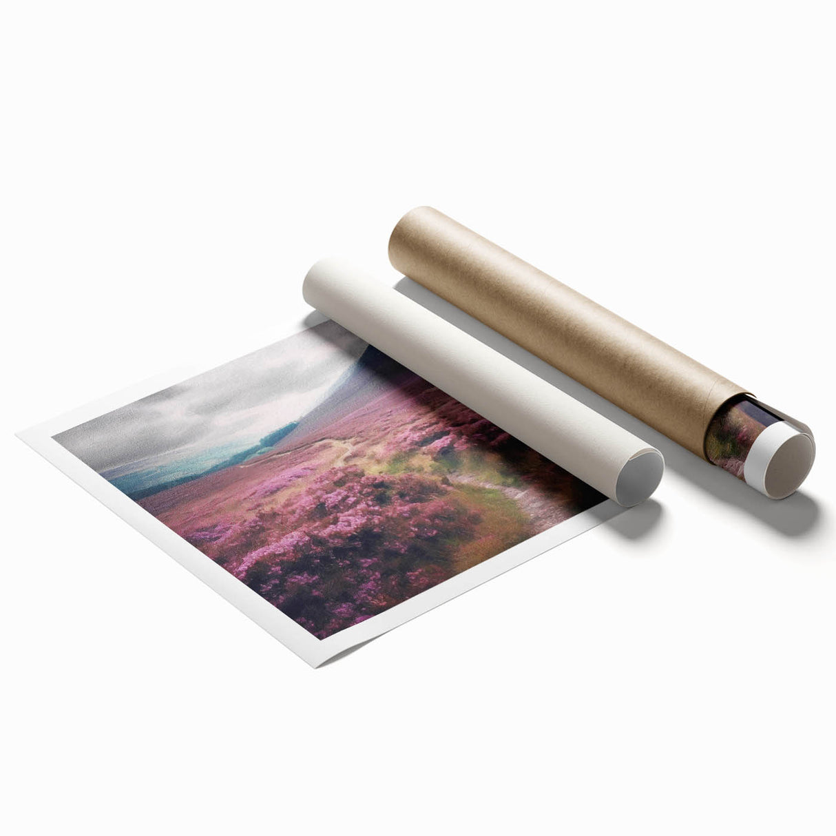 Landscape wall art print depicting a serene countryside scene with rolling hills and vibrant greenery, rolled for easy shipping and display in your home decor. Perfect for adding a touch of nature-inspired elegance to any room.