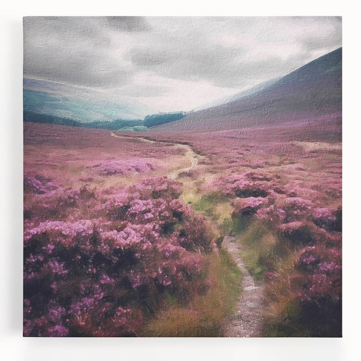 Vibrant landscape countryside wall art on stretched canvas, showcasing rolling hills and a serene sky, perfect for adding a natural ambiance to home decor.