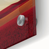 Close-up of a vibrant acrylic glass artwork depicting a serene countryside landscape, showcasing lush green fields, a clear blue sky, and delicate wildflowers.