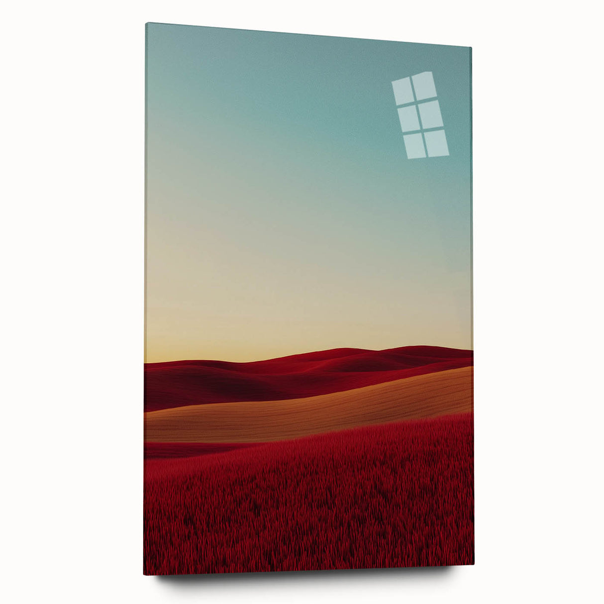 Acrylic glass landscape artwork depicting a serene countryside scene, showcasing vibrant colors and intricate details, displayed from a side view without pins.