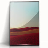 Framed acrylic artwork showcasing a scenic countryside landscape with vibrant green fields and a serene blue sky, presented in a sleek black frame for a modern touch.