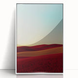 Framed acrylic artwork depicting a serene countryside landscape, showcasing vibrant greens and blues, with a white frame enhancing its modern aesthetic. Perfect for home decor.